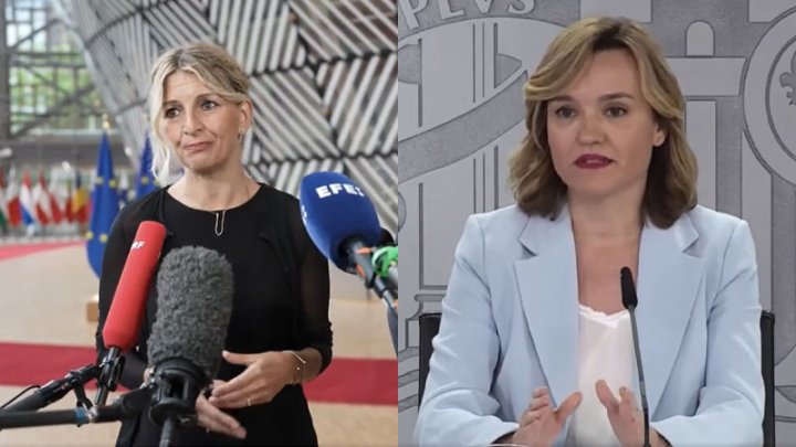 Yolanda Díaz (Sumar) y Pilar Alegría (PSOE), en sus respectivas ruedas de prensa este martes.