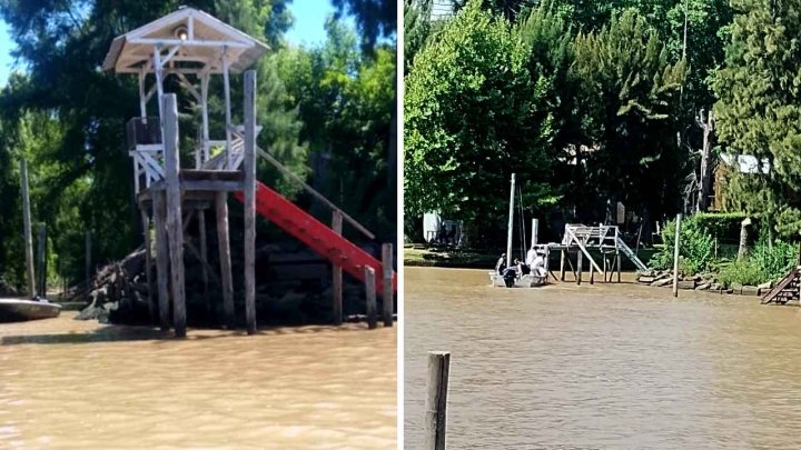 El muelle vecinal y cuando un grupo de personas lo desarman.