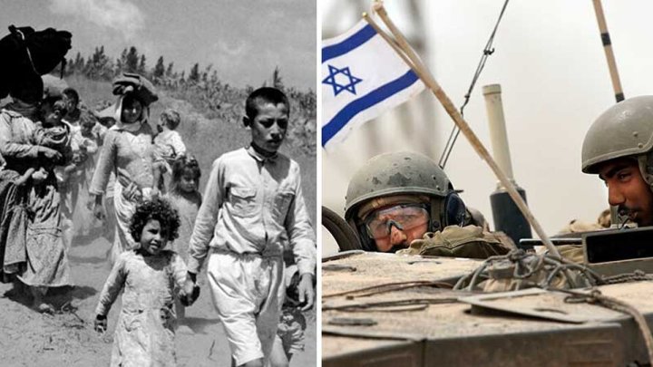 Familias palestinas en el éxodo de 1948 y en la actualidad soldados israelíes asediando a palestinos