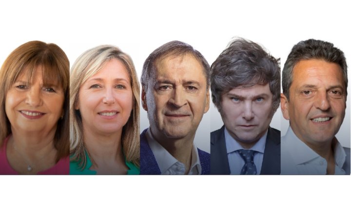 Patricia Bullrich, Myriam Bregman, Juan Schiaretti, Javier Milei y Sergio Massa, los candidatos a presidente en las elecciones 2023