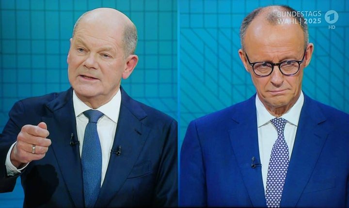 Debate televisado antes de las elecciones de 2025 en Alemania. Olaf Scholz, del SPD (izquierda), y su principal rival, Friedrich Merz, de la CDU (derecha). Imagen: Kay Nietfeld/Picture Alliance