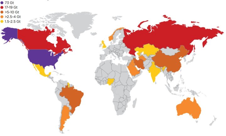 Los 20 países Destructores del planeta, por amenaza de emisiones de CO2 debidas a la expansión del petróleo y el gas, 2023 a 2050.