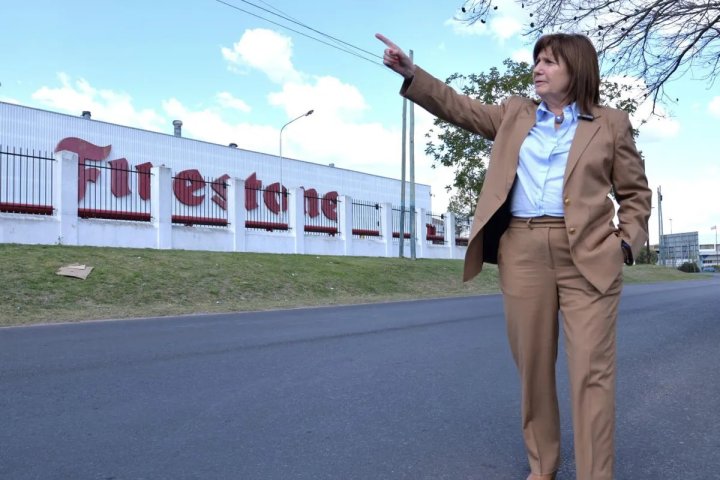 Bullrich posa para la foto en las puertas de Firestone, a donde llegó con su equipo de comunicación para grabar un video contra el reclamo obrero.