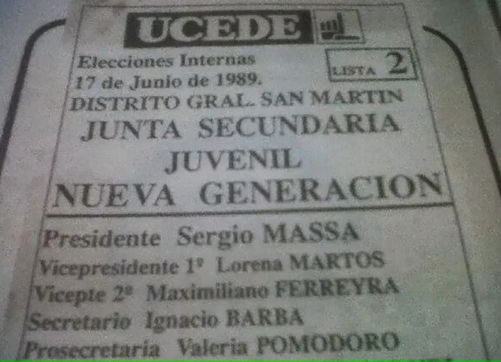 En 1989 Massa ganó las elecciones de la Junta Secundaria Juvenil "Nueva Generación" de la UCeDé San Martín