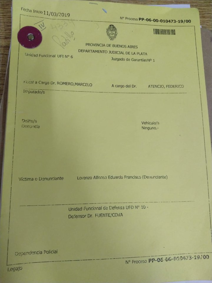 Caratula de la causa penal iniciada por el cura Eduardo Lorenzo