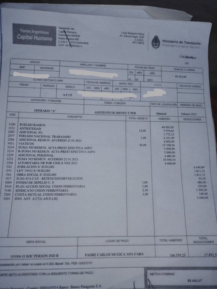 Ejemplo de un recibo de Operario bajo convenio Unión Ferroviaria, que realiza tareas similares a los tercerizados