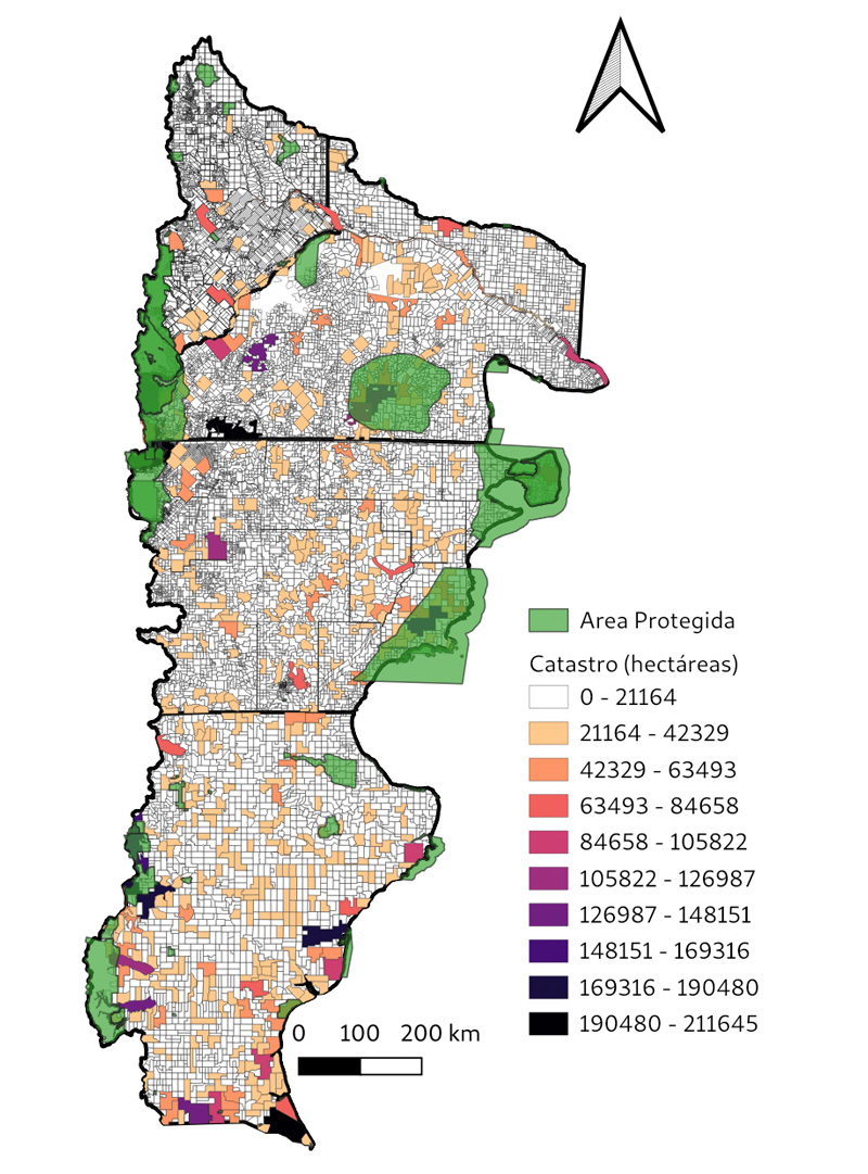 Mapa de la Patagonia, dividida en grandes estancias. Elaboración propia en base a catastro y capas del Instituto Geográfico Nacional.