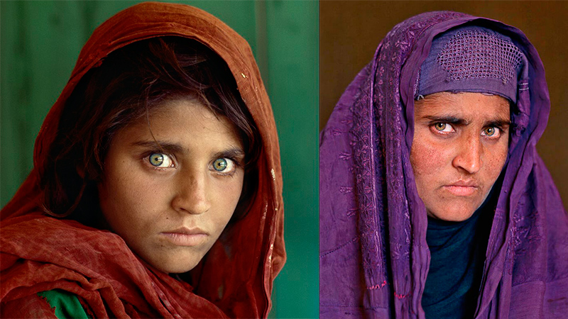 Fotos: Steve McCurry. Izq: Sharbat Gula en 1985. Der: Sharbat en 2001